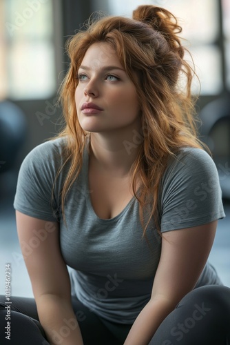 A red haired woman with a thoughtful look sits in a gym, her hair loosely tied, illuminated softly Free Download A red haired woman with a thoughtful look sits in a gym, her hair loosely tied, illuminated softly - GFXLoad