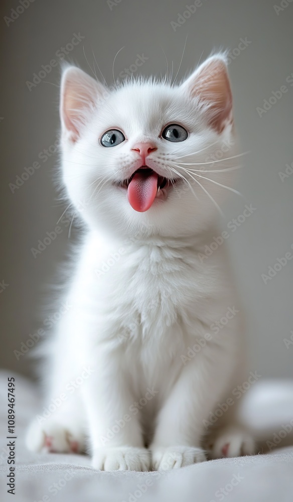 A playful white kitten sticks out its tongue, showcasing its adorable features and playful personality in a soft, cozy setting. A playful white kitten sticks out its tongue, showcasing its adorable features and playful personality in a soft, cozy setting.