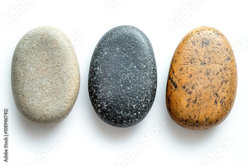 Three smooth stones in different colors isolated on white