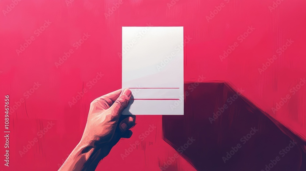 Obraz premium Hand holding a blank white card against a red background.