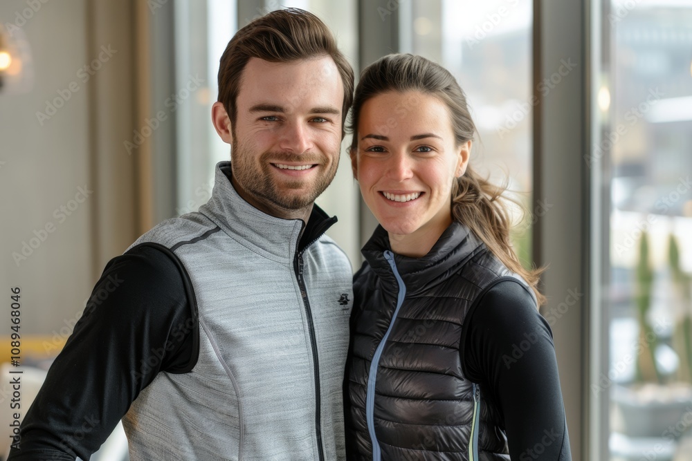 Portrait of a tender caucasian couple in their 20s wearing a lightweight running vest on sophisticated corporate office background Portrait of a tender caucasian couple in their 20s wearing a lightweight running vest on sophisticated corporate office background