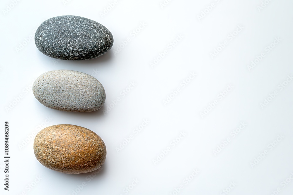 Three smooth stones in a row on white background Three smooth stones in a row on white background