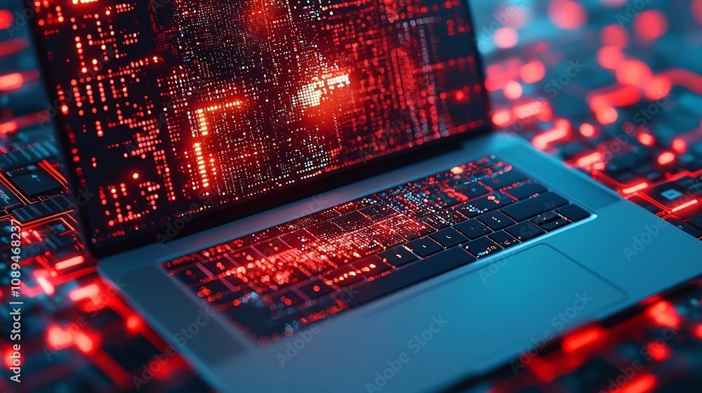 Glowing chip on a light blue laptop surrounded by a dynamic flow of data and a high tech electronics background Glowing chip on a light blue laptop surrounded by a dynamic flow of data and a high tech electronics background