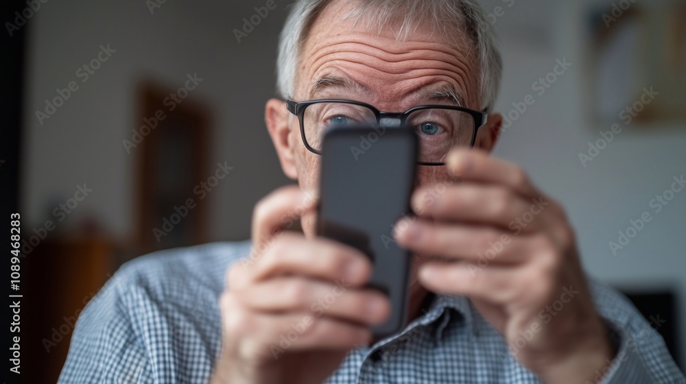 Mature old man, phone and vision problem, eyesight and myopia or glaucoma in office. Mobile, person and poor sight, squinting and manager struggle with reading blurry email online with glasses. Mature old man, phone and vision problem, eyesight and myopia or glaucoma in office. Mobile, person and poor sight, squinting and manager struggle with reading blurry email online with glasses.