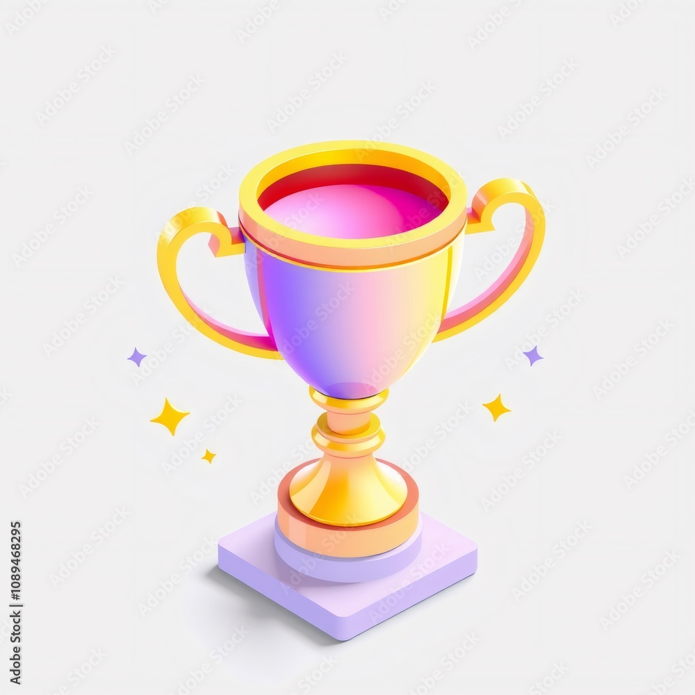 3D rendered golden trophy with a purple base and yellow stars. 3D rendered golden trophy with a purple base and yellow stars.