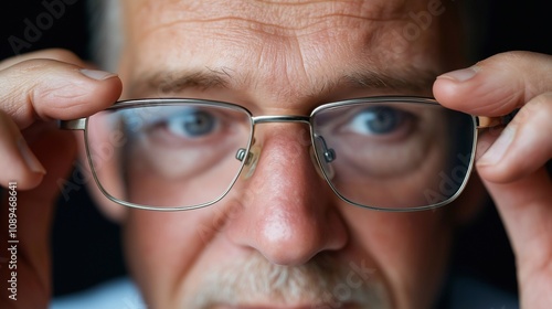 Mature middle aged man, phone and vision problem, eyesight and myopia or glaucoma in office. Mobile, person and poor sight, squinting and manager struggle with reading blurry email online with glasses