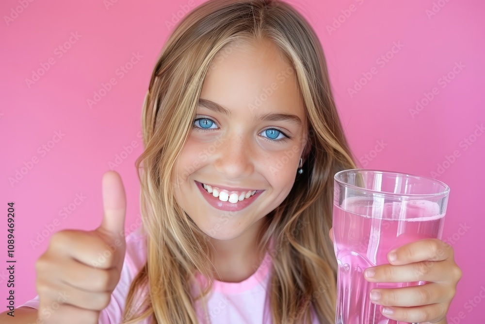 A cheerful girl with blue eyes holds a glass of pink water, giving a thumbs up against a bright pink background. A cheerful girl with blue eyes holds a glass of pink water, giving a thumbs up against a bright pink background.