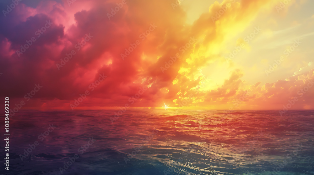 A Breathtaking Sunset Over the Ocean, with the Sky Transitioning from Warm Hues to Cool Tones, Creating a Peaceful and Majestic Seaside Landscape A Breathtaking Sunset Over the Ocean, with the Sky Transitioning from Warm Hues to Cool Tones, Creating a Peaceful and Majestic Seaside Landscape