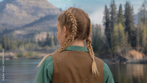 A woman with blonde hair in braids facing away from the camera