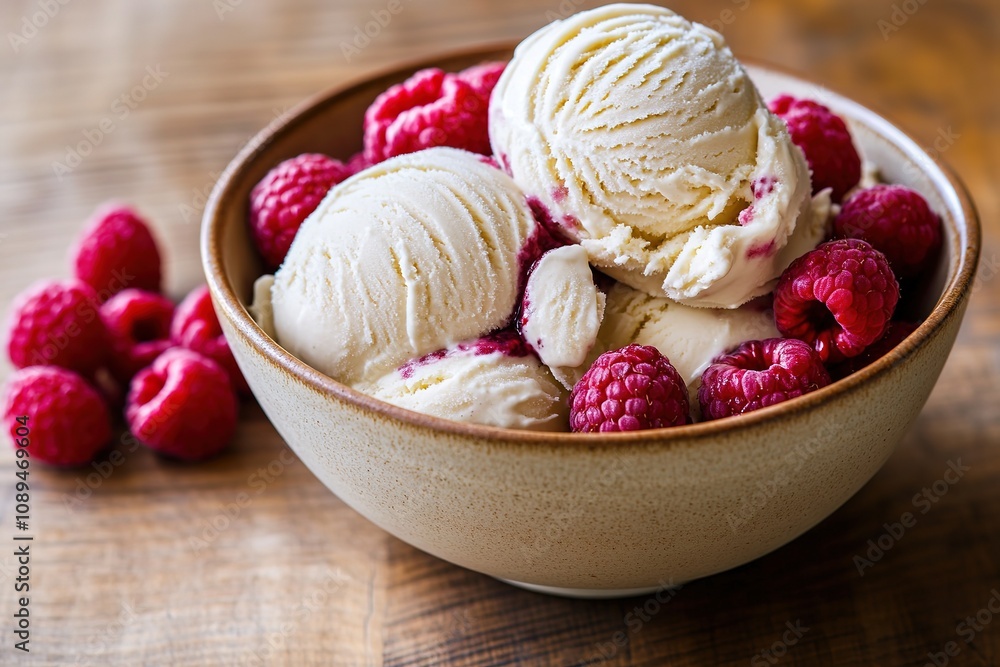 Creamy vanilla ice cream with fresh raspberries in bowl Creamy vanilla ice cream with fresh raspberries in bowl