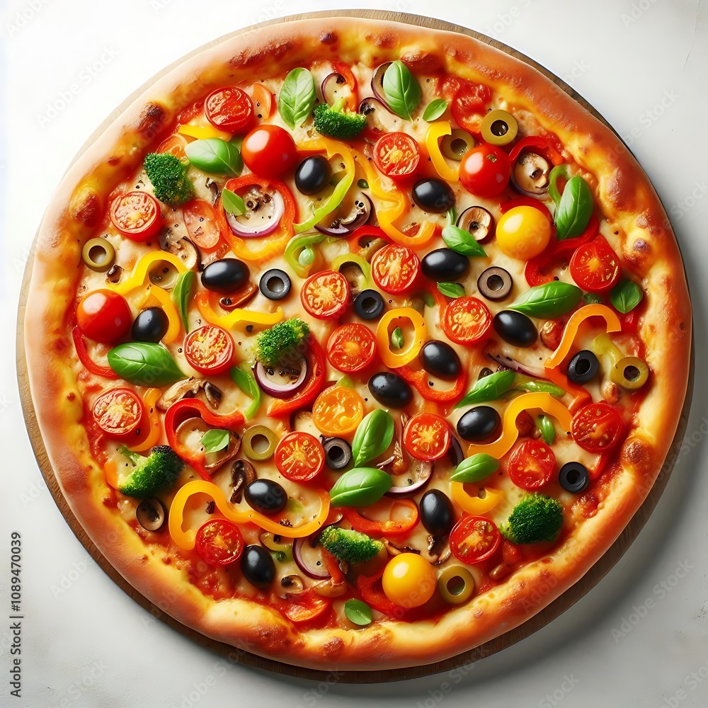 A freshly baked pizza topped with colorful vegetables like cherry tomatoes, olives, and bell peppers. isolated with a white background A freshly baked pizza topped with colorful vegetables like cherry tomatoes, olives, and bell peppers. isolated with a white background