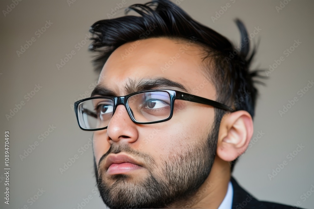 A focused young man with glasses and a thoughtfully serious expression, showcasing a modern and contemplative demeanor. A focused young man with glasses and a thoughtfully serious expression, showcasing a modern and contemplative demeanor.