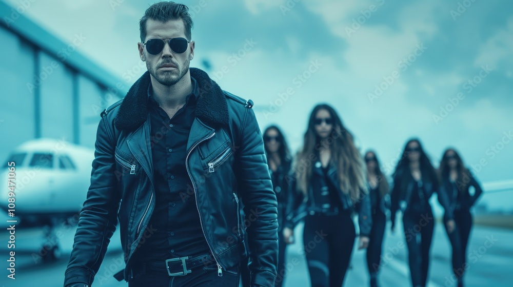 Confident Man Leading Fashionable Group at Airport Runway Confident Man Leading Fashionable Group at Airport Runway