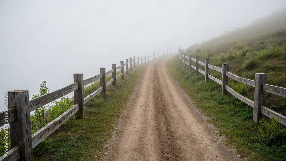 Path lined with fences vanishes within dense fog, untouched. Path lined with fences vanishes within dense fog, untouched.