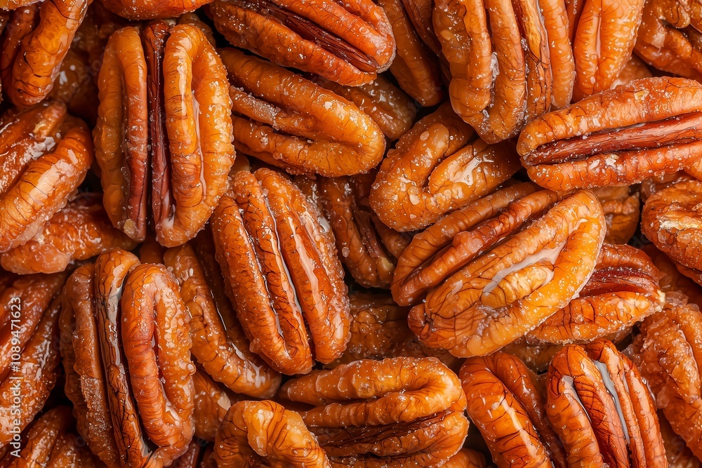 Close-Up Shot of Candied Pecans, Displaying Glossy Sugar Crust and Nutty Appeal. Great for Food Blogs, Recipe Collections, or Gourmet Packaging Designs. Close-Up Shot of Candied Pecans, Displaying Glossy Sugar Crust and Nutty Appeal. Great for Food Blogs, Recipe Collections, or Gourmet Packaging Designs.