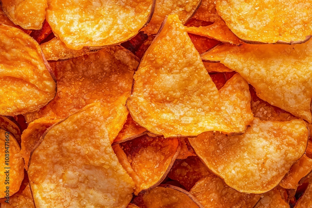 Crispy Sweet Potato Chips in Close-Up View, Highlighting Their Natural Golden Color and Light Crunch. Suitable for Food Photography, Snack Packaging, or Plant-Based Diet Content. Crispy Sweet Potato Chips in Close-Up View, Highlighting Their Natural Golden Color and Light Crunch. Suitable for Food Photography, Snack Packaging, or Plant-Based Diet Content.