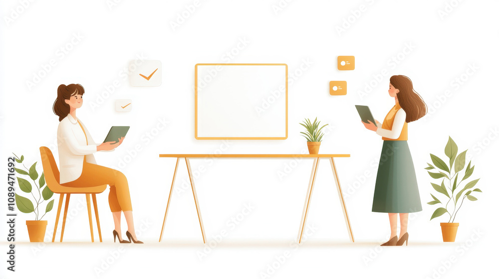 Two women engage in a discussion around a table, surrounded by plants, suggesting a collaborative and productive workspace. Two women engage in a discussion around a table, surrounded by plants, suggesting a collaborative and productive workspace.