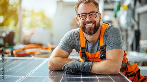 A smiling worker in orange overalls poses with solar panels, showcasing enthusiasm for renewable energy and sustainable technology.
