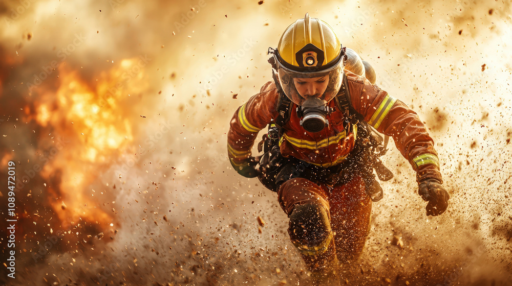 Naklejka premium A firefighter runs through smoke and flames, showcasing bravery and action in a critical emergency response.