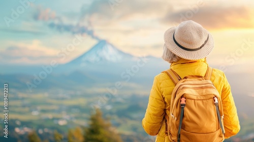 A traveler in a yellow jacket gazes at a majestic volcanic mountain under a colorful sunset, embodying adventure and exploration.