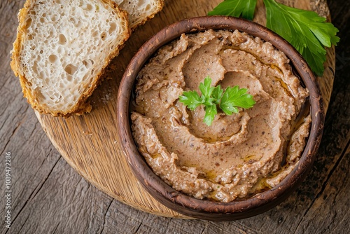 Close-Up of Earthy Porcini Mushroom Pâté, Focused on Velvety Spread with Savory Aromas. Suitable for Cooking Websites, Recipe Collections, or Delicatessen Promotions