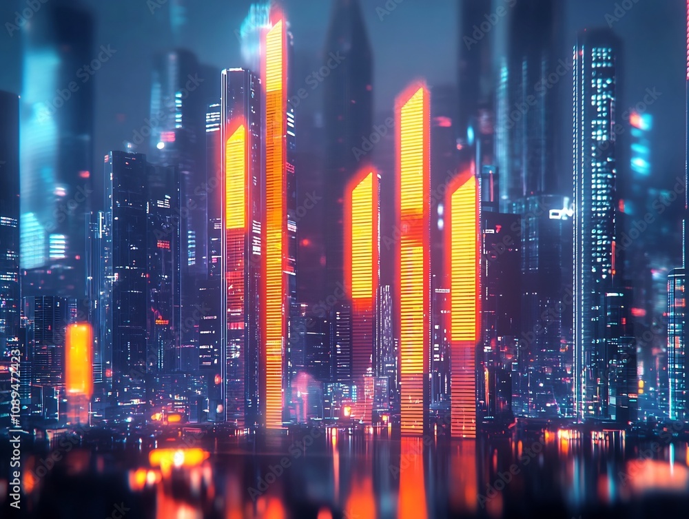 Futuristic City Skyline with Competing Bar Charts Symbolizing Business Competition and Market Dominance Futuristic City Skyline with Competing Bar Charts Symbolizing Business Competition and Market Dominance