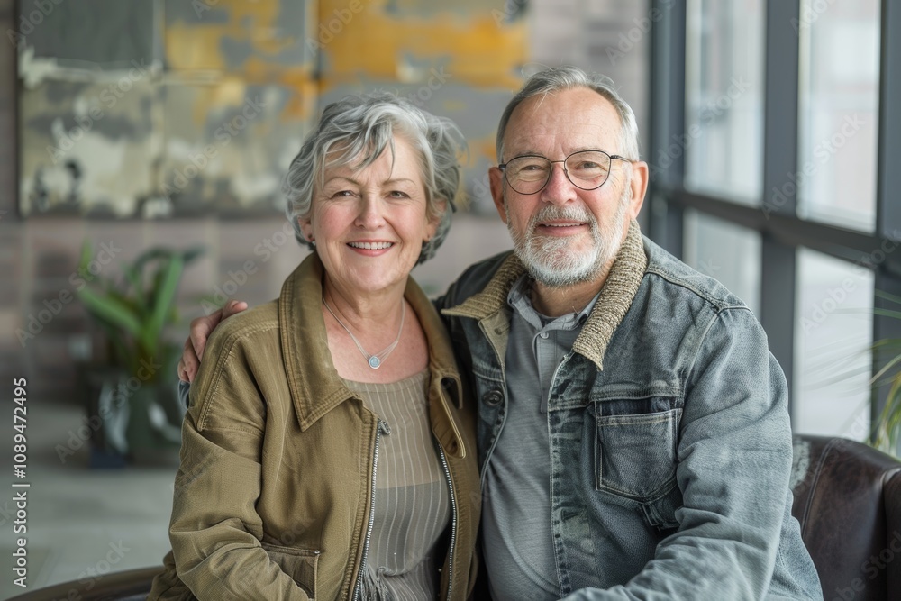 Portrait of a content couple in their 60s wearing a trendy bomber jacket isolated on sophisticated corporate office background Portrait of a content couple in their 60s wearing a trendy bomber jacket isolated on sophisticated corporate office background