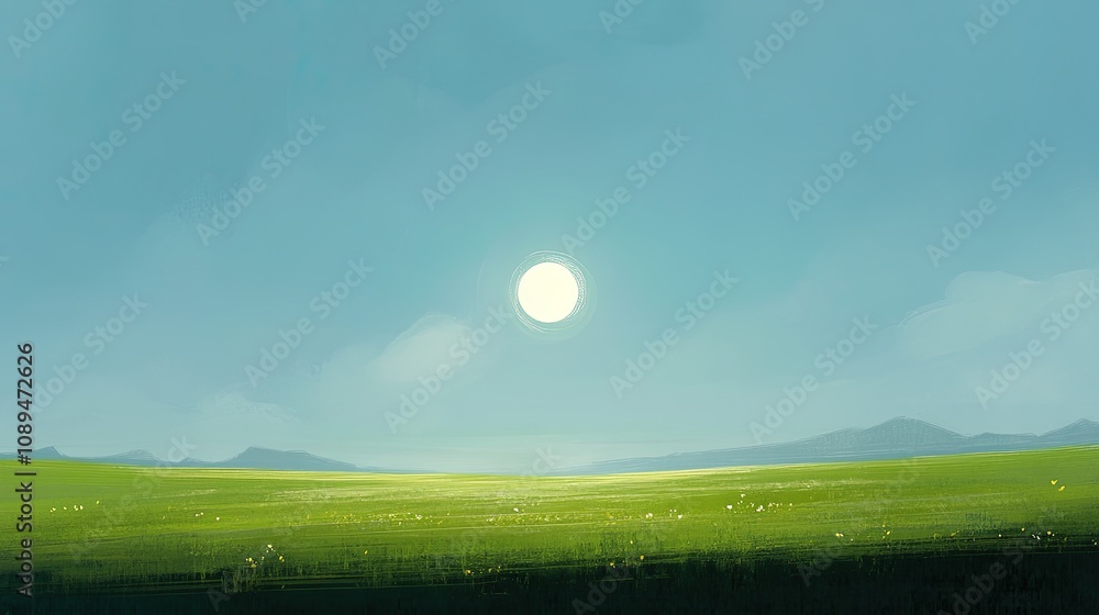Fototapeta premium A bright summer day showcasing a green grass field stretching to the horizon, beneath a brilliant blue sky and radiant sun.