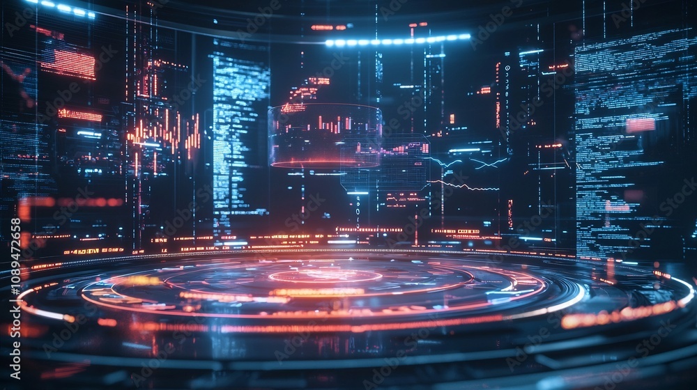 Futuristic Arena for Company Competition with Glowing Digital Tools and Floating Holograms of Market Trends and Consumer Data Futuristic Arena for Company Competition with Glowing Digital Tools and Floating Holograms of Market Trends and Consumer Data