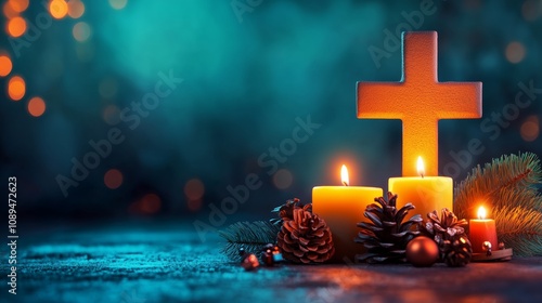 A glowing, golden Christian cross illuminated by the warm light of nearby candles. Pinecones and evergreen branches surround the base, with a soft bokeh effect in the background