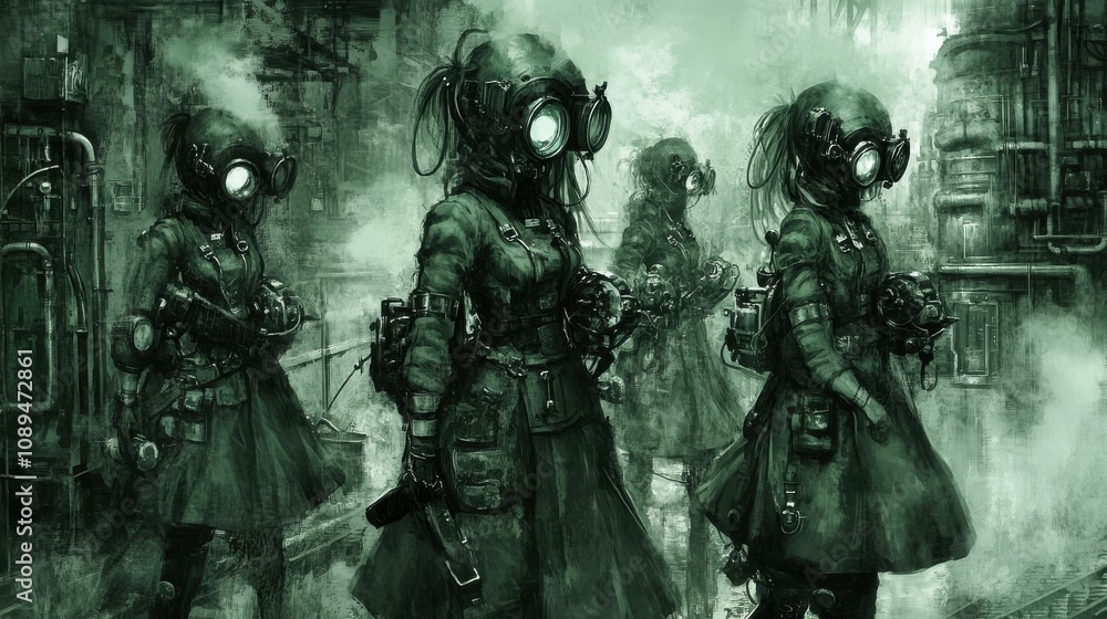 Futuristic Dystopian Characters in a Surreal Industrial Landscape Futuristic Dystopian Characters in a Surreal Industrial Landscape