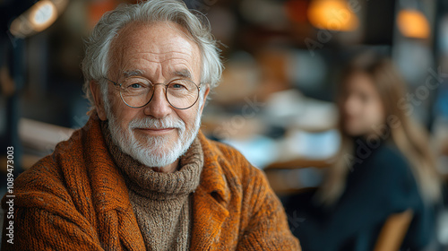 Senior man in an orange sweater smiling warmly in a cozy cafe during daylight with background activity. Generative AI