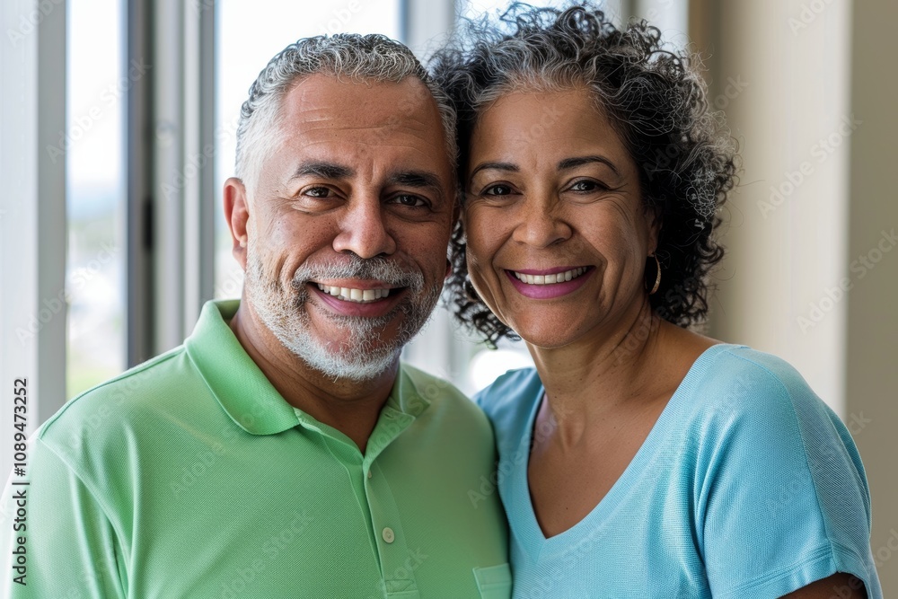 Portrait of a happy mixed race couple in their 60s wearing a breathable golf polo isolated on sophisticated corporate office background Portrait of a happy mixed race couple in their 60s wearing a breathable golf polo isolated on sophisticated corporate office background