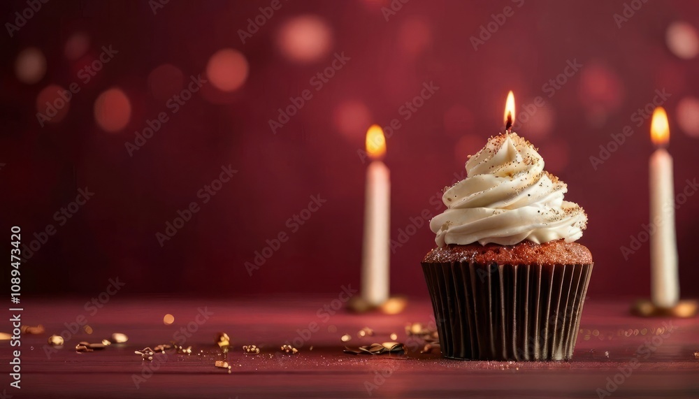 A delicious vanilla cupcake with white frosting, sprinkled with golden sugar and topped with a lit candle, on a bright red background, perfect for a birthday or holiday. A delicious vanilla cupcake with white frosting, sprinkled with golden sugar and topped with a lit candle, on a bright red background, perfect for a birthday or holiday.