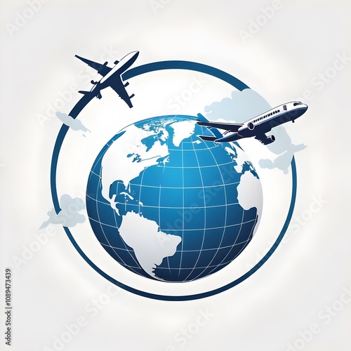 A globe icon with an airplane flying around it, centered on a transparent or white background. Represents global travel, exploration, and international connectivity.