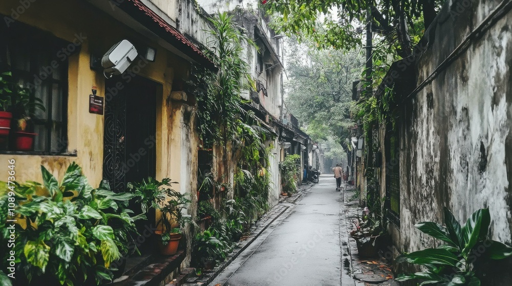 Serene Narrow Alleyway Filled with Lush Greenery on a Rainy Day Serene Narrow Alleyway Filled with Lush Greenery on a Rainy Day