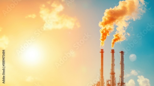A bright sunset scene featuring industrial smokestacks emitting steam, illustrating environmental concerns related to pollution and energy production.