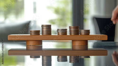 Stacked Coins on Balancing Wooden Board Symbolizing Financial Growth photo