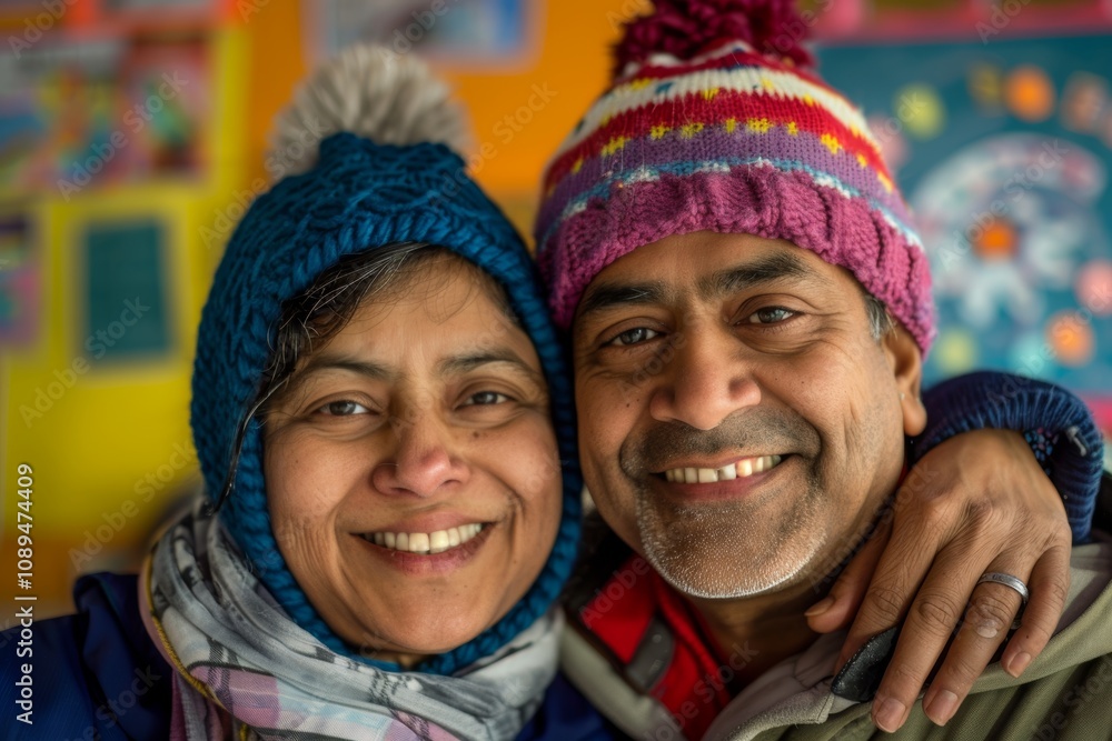 Portrait of a blissful indian couple in their 40s dressed in a warm ski hat in lively classroom background Portrait of a blissful indian couple in their 40s dressed in a warm ski hat in lively classroom background