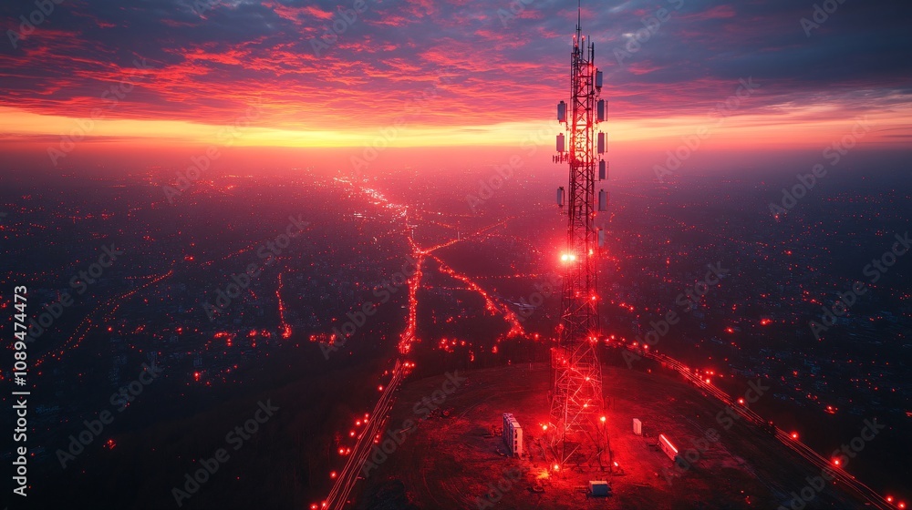 Naklejka premium Dramatic Sunset Over Cityscape: Telecom Tower & Communication Network