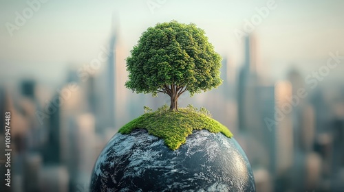 Fototapeta Naklejka Na Ścianę i Meble -  Lush tree on small earth against city backdrop.