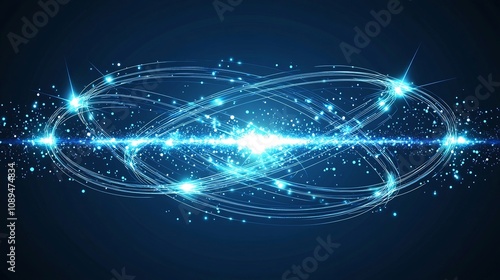 Mesmerizing cosmic atom icon with glowing interconnected orbits and twinkling sparkles set against a sleek modern blue polygonal technology background This digital evokes themes of nuclear science