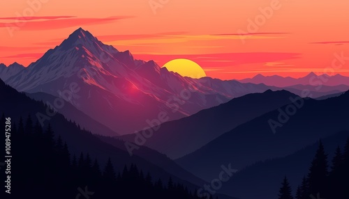 Majestic Sunset over Mountain Range