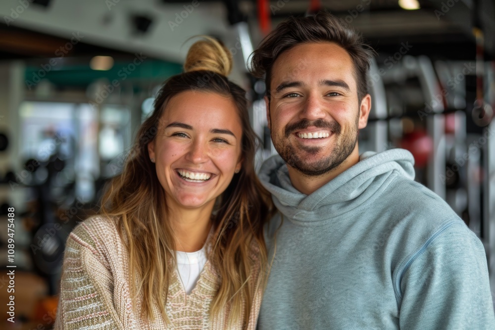 Portrait of a smiling couple in their 20s wearing a cozy sweater on dynamic fitness gym background Portrait of a smiling couple in their 20s wearing a cozy sweater on dynamic fitness gym background