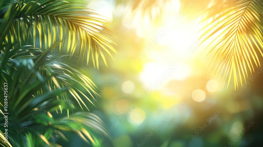 Obraz premium Lush tropical foliage with sunlit bokeh background.