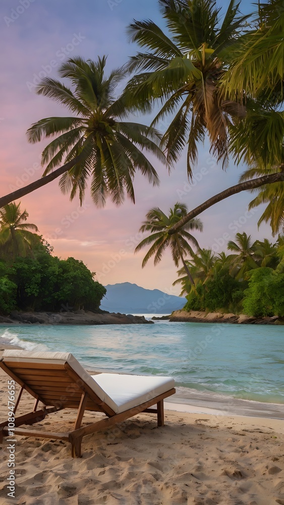 Beach Wallpaper Featuring a Serene Sunset Scene with Palm Trees, Sand, Ocean, and Relaxing Vibes

