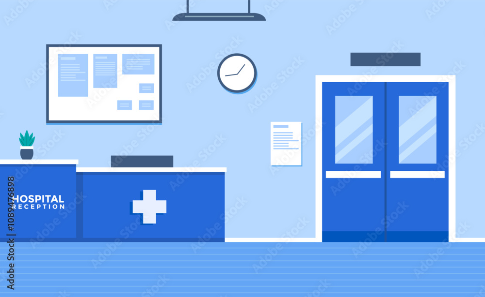 Empty hospital reception in flat style. Indoor hospital reception scene. Vector stock Empty hospital reception in flat style. Indoor hospital reception scene. Vector stock