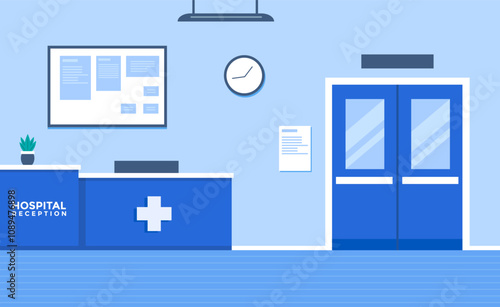 Empty hospital reception in flat style. Indoor hospital reception scene. Vector stock