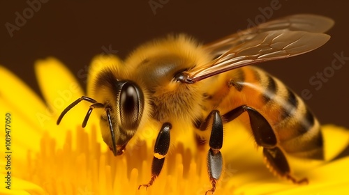 Honeybee foraging on a bright yellow flower