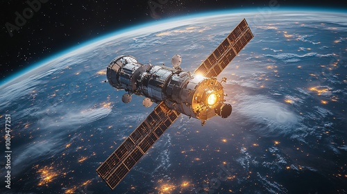 Global Communication: Satellite in Orbit Above Earth's City Lights